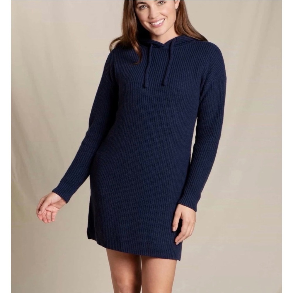 Toad & Co Whidbey Hooded Sweater Dress Navy Blue Wool T1781205 Womens M NWT